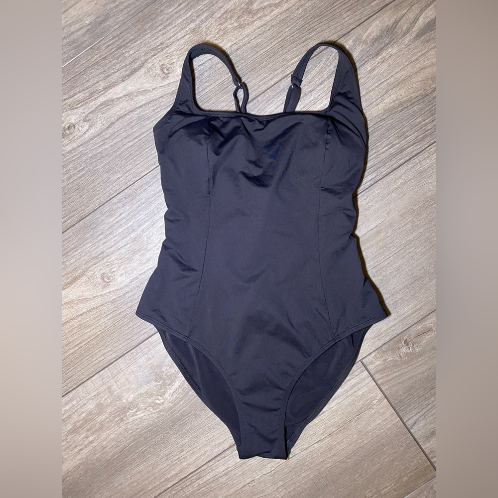 EUC Square Neck Corset Back Lace Up Slimming Black One Piece Shaping Swim